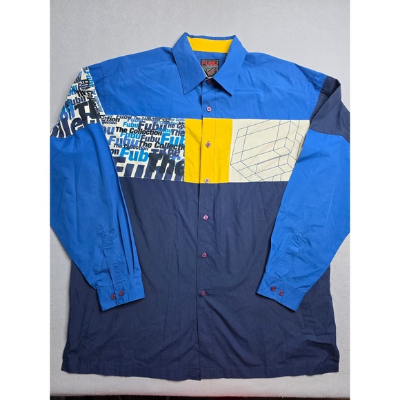 FUBU Other - Vintage FUBU Shirt Men's 2XL Blue Colorblock Graphic Cotton Button-Up Retro Y2K